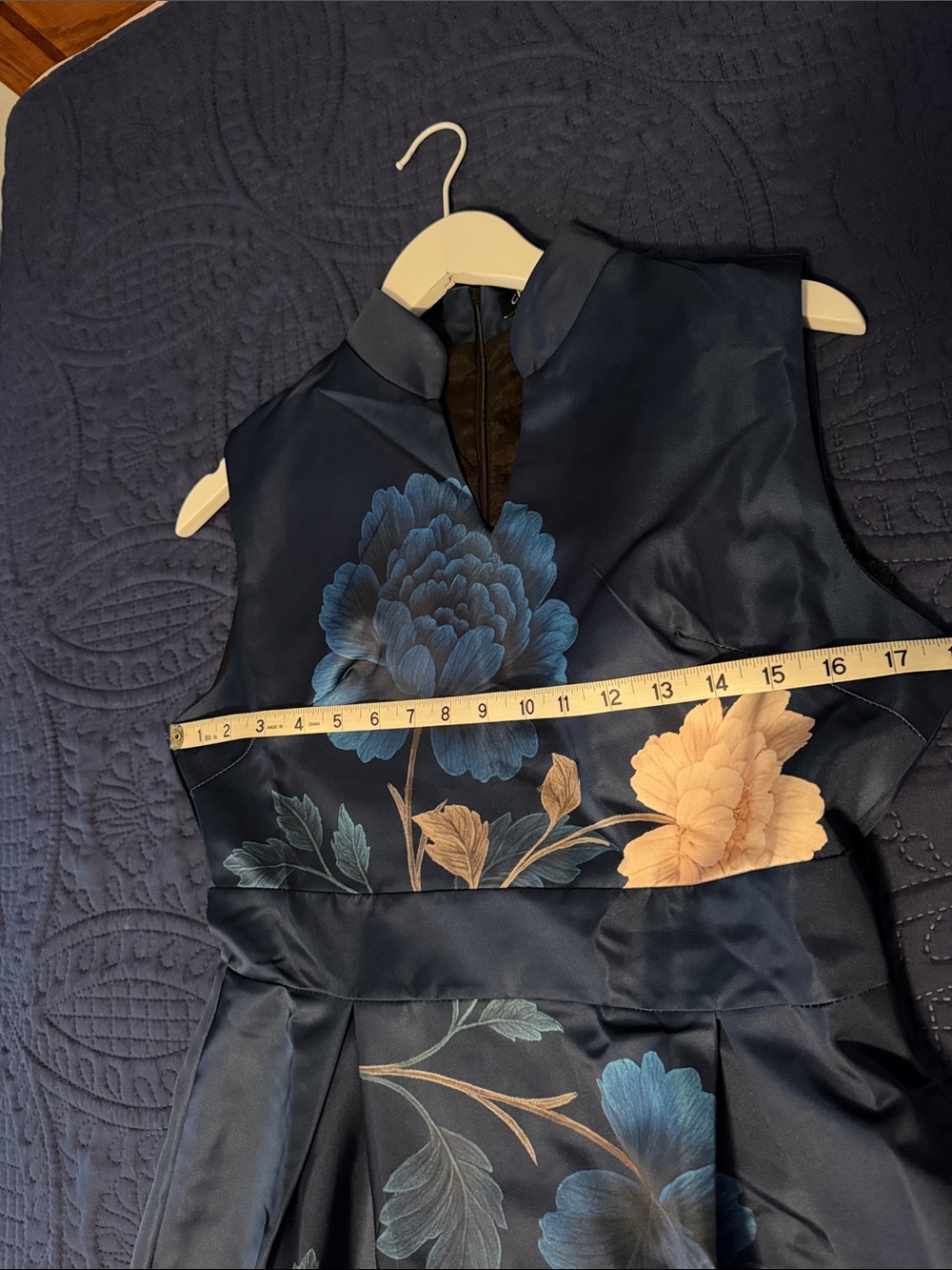 Navy Floral Satin Tie Waist Maxi Dress with Blue and Cream Peony Blooms - Picture 8 of 11